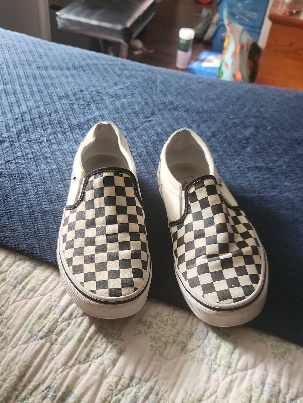 Womens Slip-On Checkerboard Canvas Shoes in Black and White